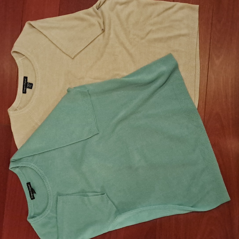 Designers Originals Luxelon short sleeve sweater tops, taupe and green, both XXL
